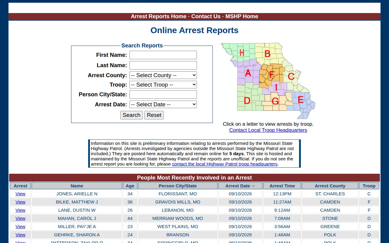 Holt County recent arrest search fields on the Missouri State Highway Patrol interface