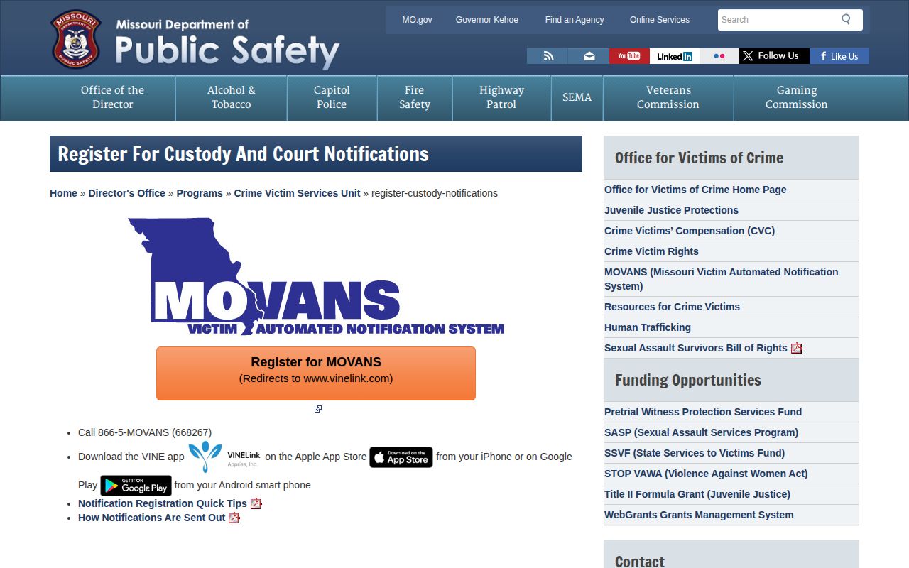 Missouri MOVANS registration page for Holt County custody alerts