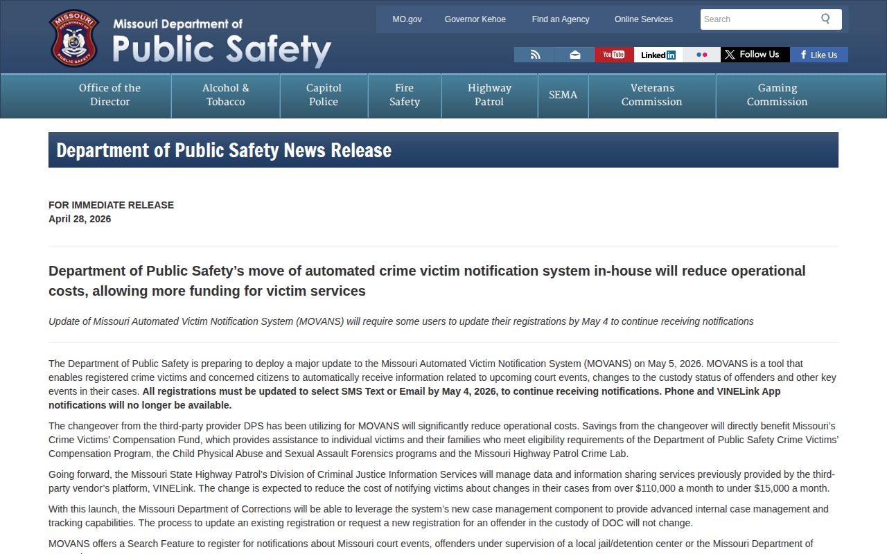 Missouri 2026 MOVANS transition notice affecting Holt County alerts