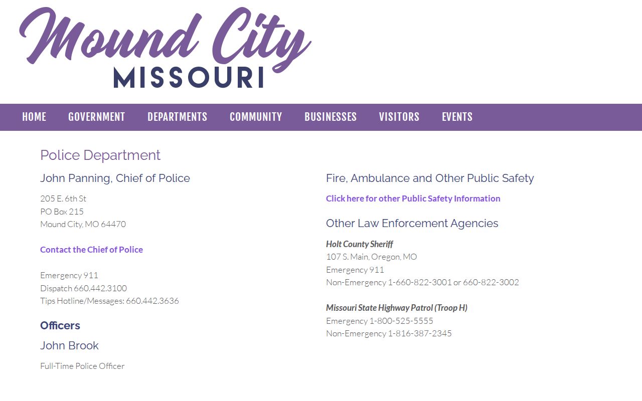 Official Mound City Police Department page listing its contact routes